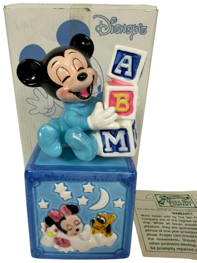 Vintage 1984 Disney Babies Goebel Baby Mickey Mouse ABC Blocks Rotating Music Box 6'H