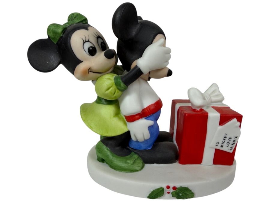 Vintage Disney Gift Ware Mickey & Minnie Present Bisque Porcelain Figurine 4'H