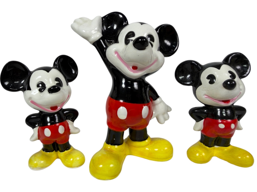Vintage 1970s Walt Disney Productions Waving Mickey Mouse Ceramic Figurine Set Japan 3'H - 4'H