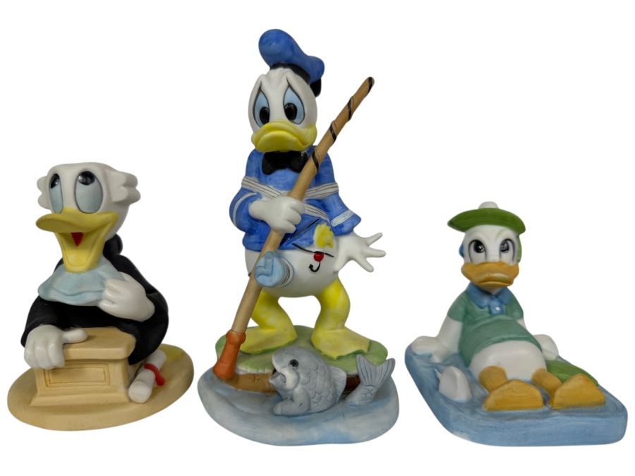 Walt Disney Productions Vintage Ceramic Bisque Donald Duck Fishing Scholar And Golfing Figurine Set 3'H - 6'H