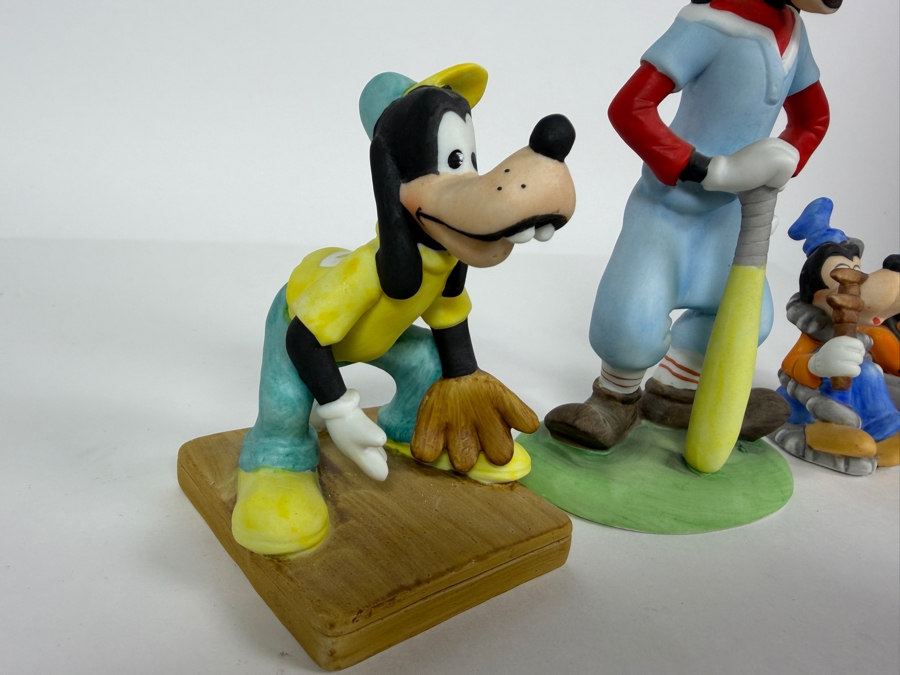 Walt Disney Productions Vintage Ceramic Bisque Goofy Baseball Catcher Sledding And Plumber Figurine Set 3'H - 6.5'H [Photo 2]