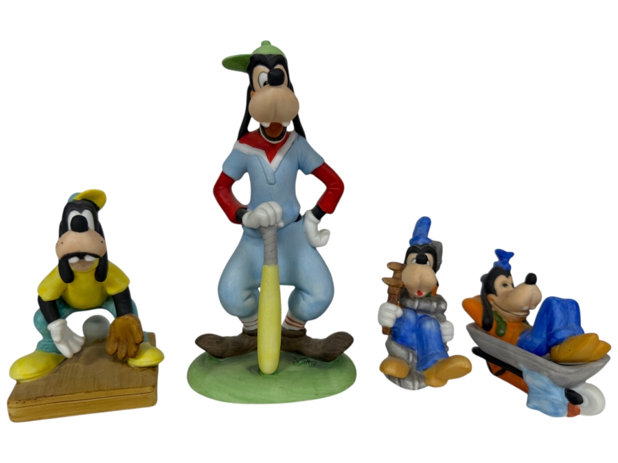 Walt Disney Productions Vintage Ceramic Bisque Goofy Baseball Catcher Sledding And Plumber Figurine Set 3'H - 6.5'H