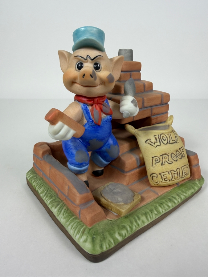 Vintage 1970s Walt Disney Productions Practical Pig 'Wolf Proof Cement' Porcelain Music Box Figurine 5.75'H [Photo 2]
