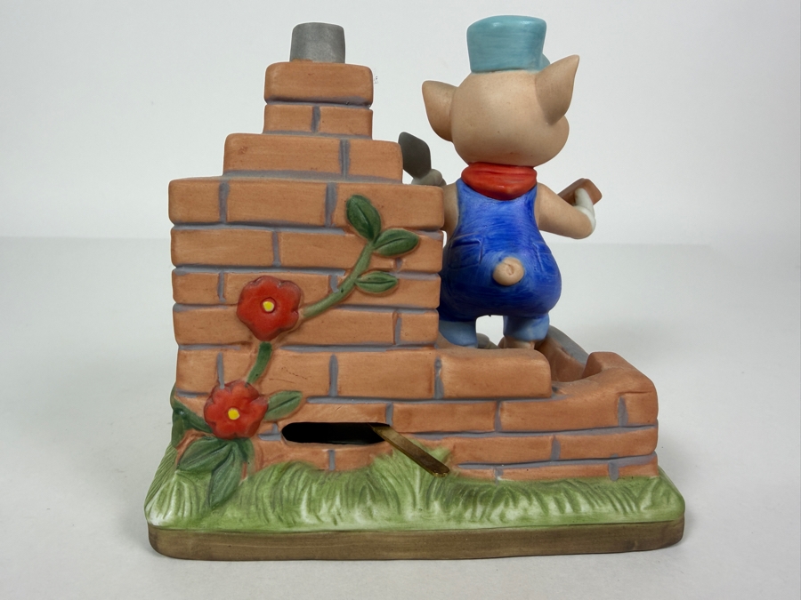 Vintage 1970s Walt Disney Productions Practical Pig 'Wolf Proof Cement' Porcelain Music Box Figurine 5.75'H [Photo 3]