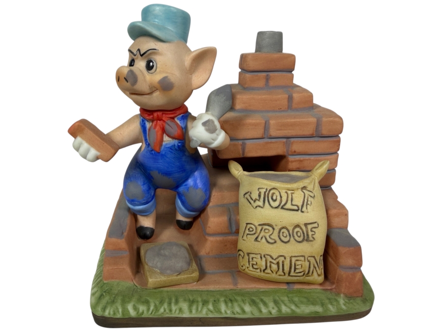 Vintage 1970s Walt Disney Productions Practical Pig 'Wolf Proof Cement' Porcelain Music Box Figurine 5.75'H