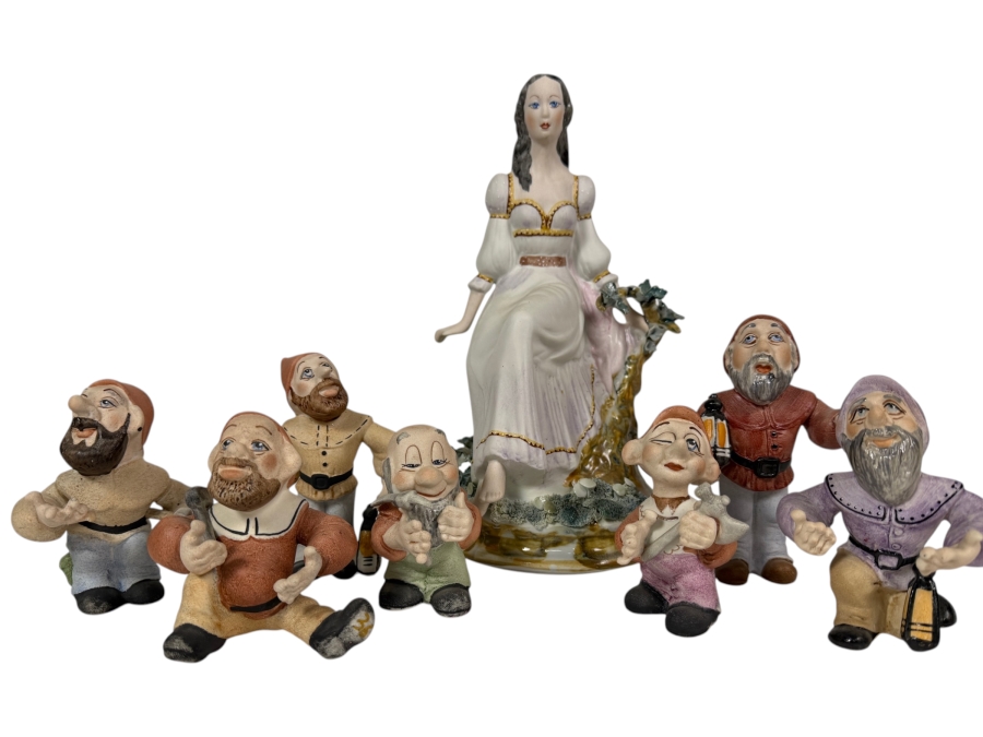 Vintage Walt Disney Productions Alba Iulia Snow White 11'H & The Seven Dwarfs 7'H Large Porcelain Figurine Set Made In Romania 10.5'H