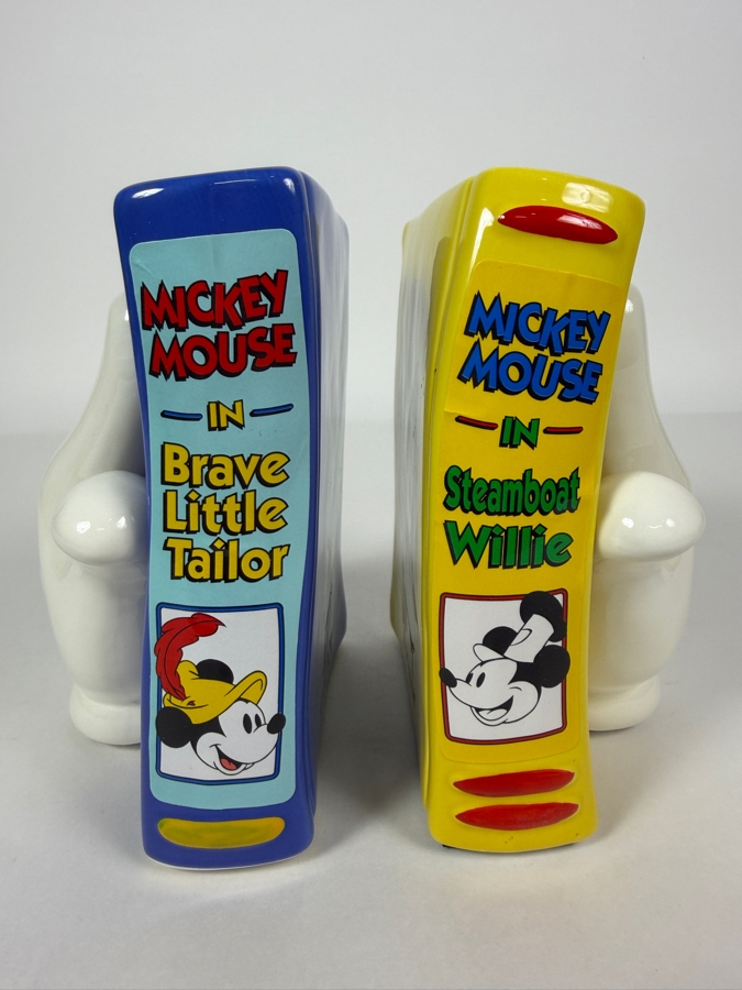 Vintage Enesco Mickey Mouse Ceramic White Glove Hand Bookends Featuring Steamboat Willie And Brave Little Tailor 6'H [Photo 2]