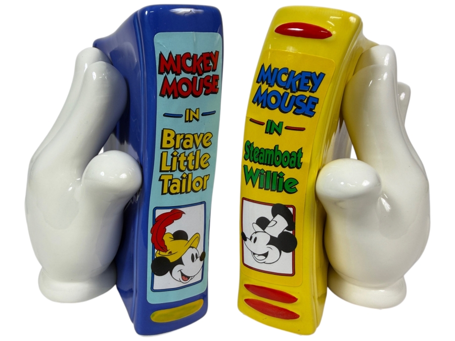 Vintage Enesco Mickey Mouse Ceramic White Glove Hand Bookends Featuring Steamboat Willie And Brave Little Tailor 6'H
