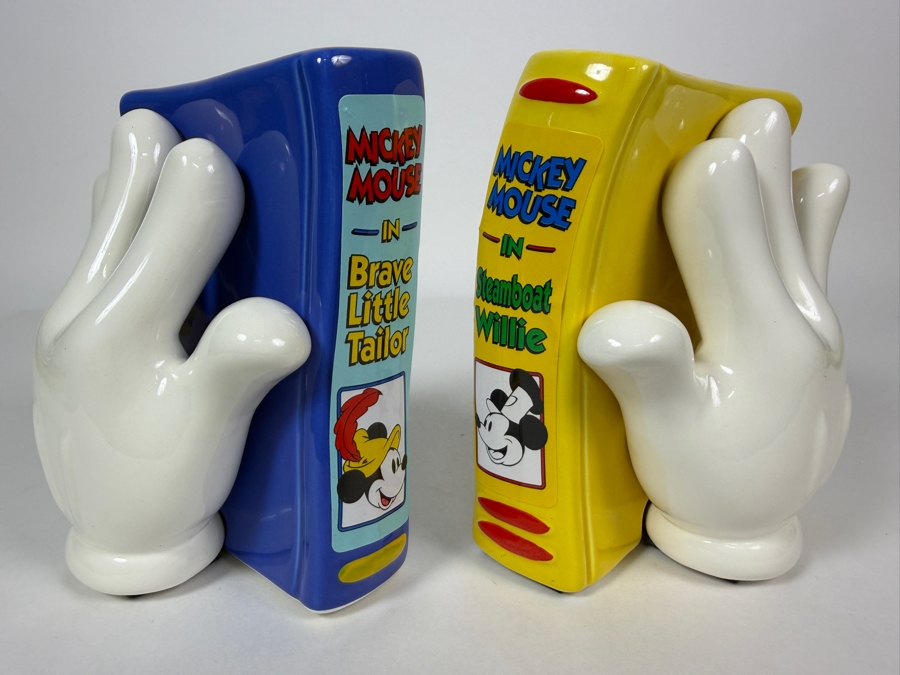 Vintage Enesco Mickey Mouse Ceramic White Glove Hand Bookends Featuring Steamboat Willie And Brave Little Tailor 6'H [Photo 3]