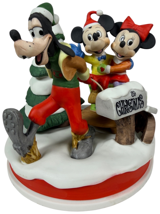 Vintage Grolier Disney Magic Memories Limited Edition 8,351/25,000 Worldwide 1989 Christmas Mickey Mouse, Minnie Mouse, And Goofy Sleigh Ride Figurine Designed By Walt Disney Artists 6'H