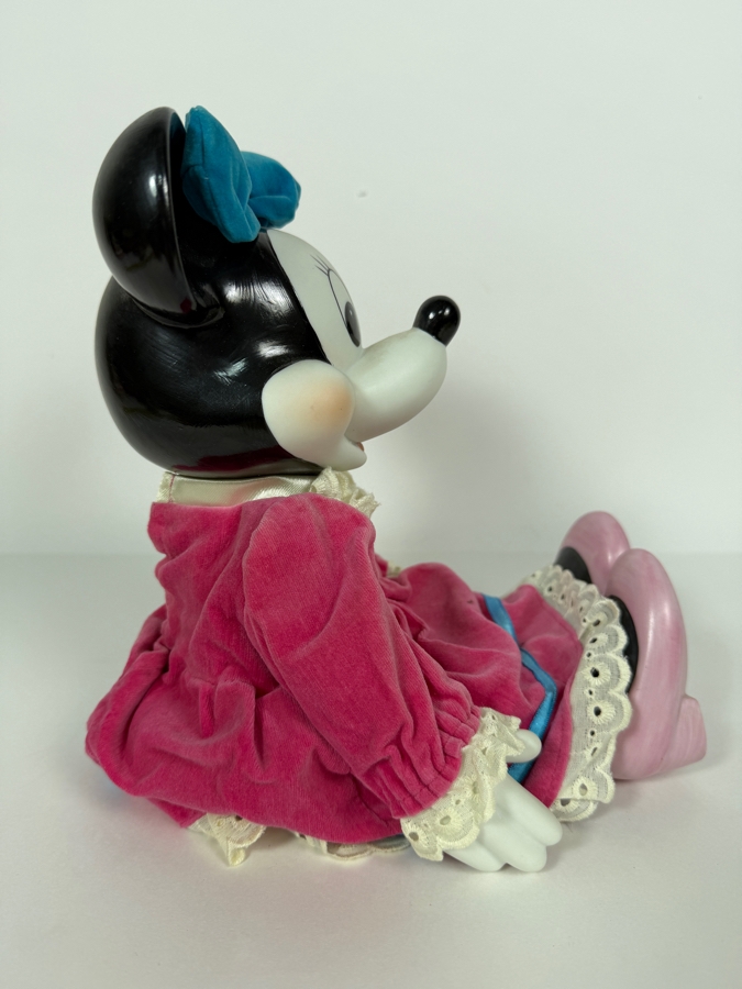 Vintage Walt Disney Minnie Mouse Pink Velvet Dress Porcelain Wind Up Musical Doll 9'H [Photo 3]