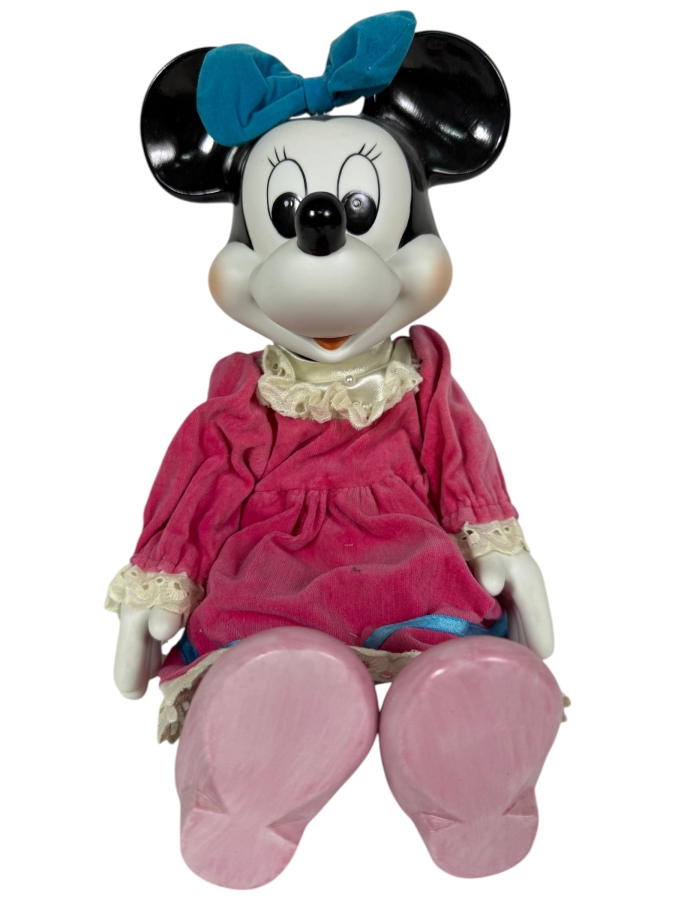Vintage Walt Disney Minnie Mouse Pink Velvet Dress Porcelain Wind Up Musical Doll 9'H