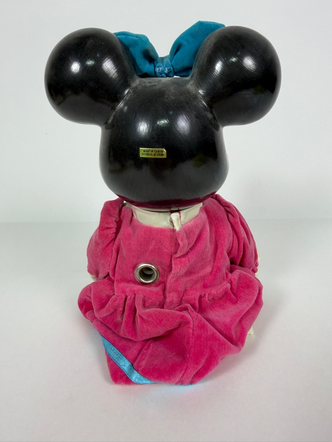Vintage Walt Disney Minnie Mouse Pink Velvet Dress Porcelain Wind Up Musical Doll 9'H [Photo 4]