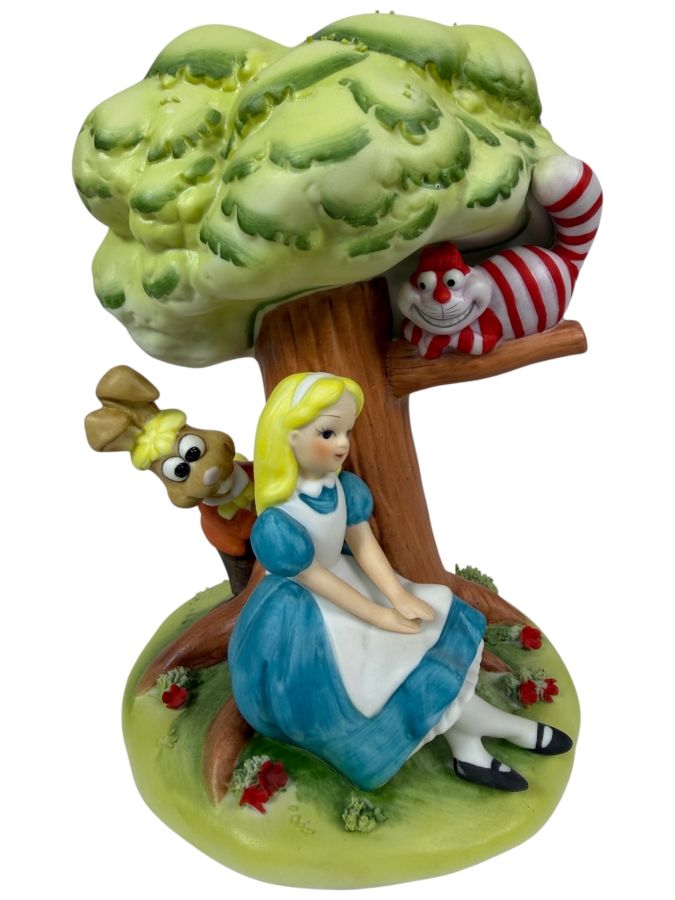 Vintage Walt Disney Productions Bisque Porcelain Alice In Wonderland Under Tree Figurine With Cheshire Cat And March Hare 7.5'H
