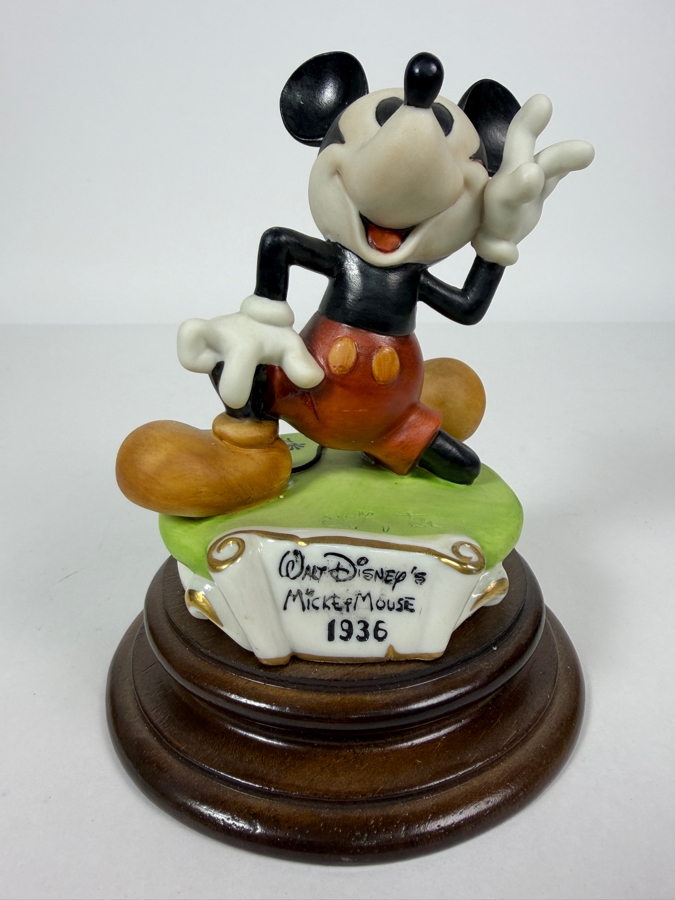 Vintage Walt Disney Productions 1936 Mickey Mouse Capodimonte Laurenz Porcelain Figurine Sculpted By Enzo Arzenton On Numbered Mahogany Wood Base Made in Italy 6'H [Photo 2]