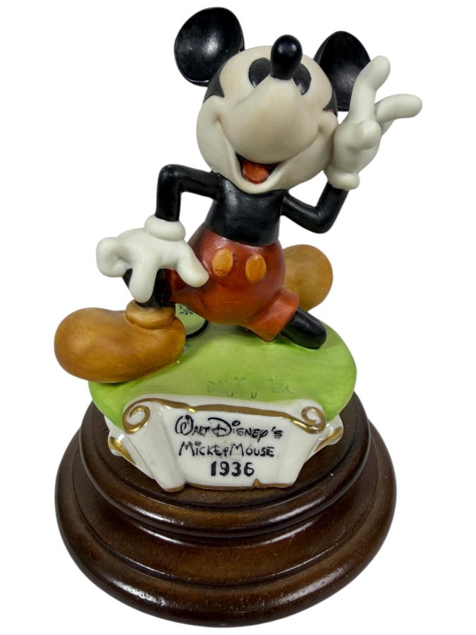 Vintage Walt Disney Productions 1936 Mickey Mouse Capodimonte Laurenz Porcelain Figurine Sculpted By Enzo Arzenton On Numbered Mahogany Wood Base Made in Italy 6'H