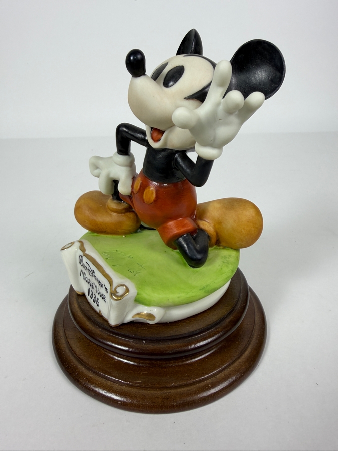 Vintage Walt Disney Productions 1936 Mickey Mouse Capodimonte Laurenz Porcelain Figurine Sculpted By Enzo Arzenton On Numbered Mahogany Wood Base Made in Italy 6'H [Photo 3]