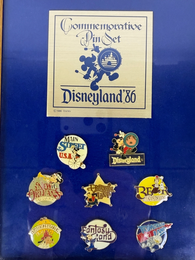 Vintage Disneyland 1986 Framed Commemorative 8 Disneyland Trading Pin Set Representing The Seven Unique Lands Of The Park In Wood Frame 7'W X 9'H [Photo 2]