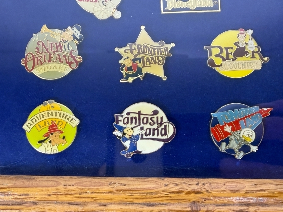 Vintage Disneyland 1986 Framed Commemorative 8 Disneyland Trading Pin Set Representing The Seven Unique Lands Of The Park In Wood Frame 7'W X 9'H [Photo 5]