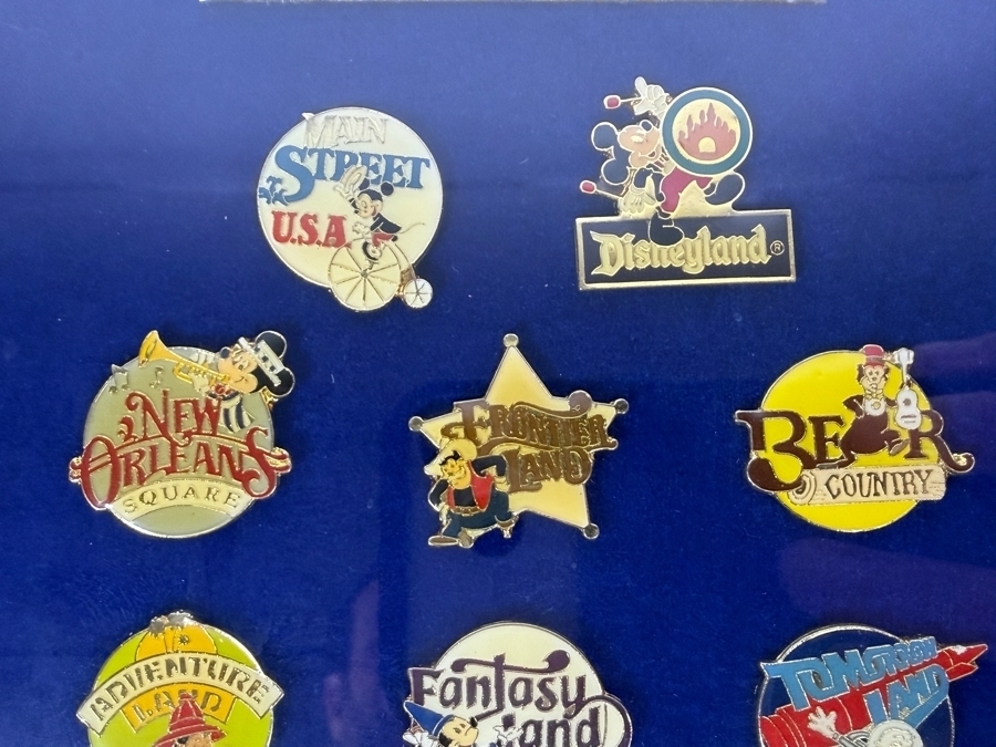 Vintage Disneyland 1986 Framed Commemorative 8 Disneyland Trading Pin Set Representing The Seven Unique Lands Of The Park In Wood Frame 7'W X 9'H [Photo 4]