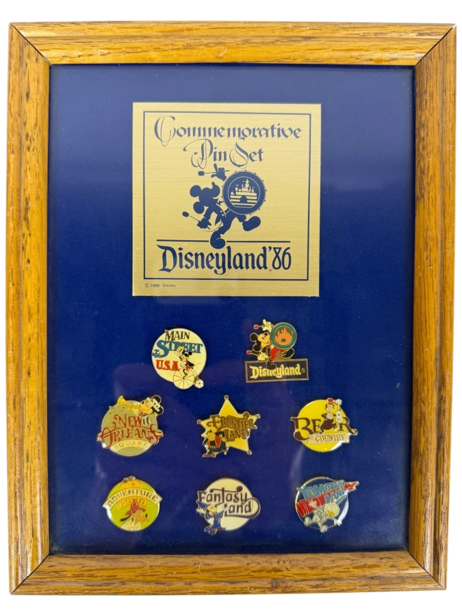 Vintage Disneyland 1986 Framed Commemorative 8 Disneyland Trading Pin Set Representing The Seven Unique Lands Of The Park In Wood Frame 7'W X 9'H