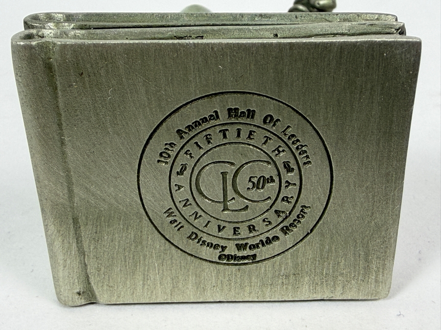Vintage Walt Disney Productions Solid Pewter Jiminy Cricket Figurine Standing On Books Produced For The 10th Annual Hall Of Leaders By Schmid 3.25'H [Photo 3]