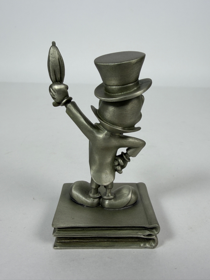 Vintage Walt Disney Productions Solid Pewter Jiminy Cricket Figurine Standing On Books Produced For The 10th Annual Hall Of Leaders By Schmid 3.25'H [Photo 2]