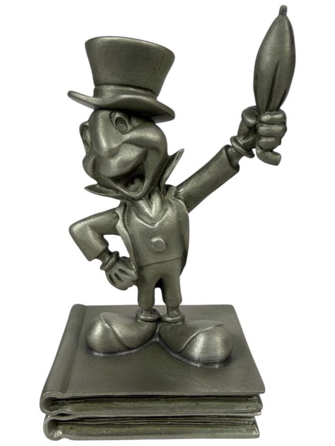 Vintage Walt Disney Productions Solid Pewter Jiminy Cricket Figurine Standing On Books Produced For The 10th Annual Hall Of Leaders By Schmid 3.25'H