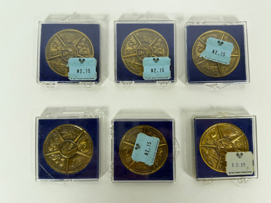 (6) Vintage Walt Disney Productions Bronze Disneyland Commemorative Medallion Featuring Sleeping Beauty Castle And Five Themed Lands In Plastic Display Cases [Photo 6]