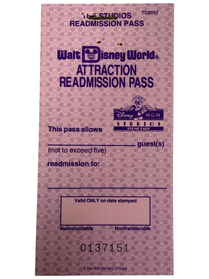 Stack of Vintage Walt Disney World Disney-MGM Studios Attraction Readmission Pass Tickets Issued For Up To Five Guests To One Experience 0137151-0137175