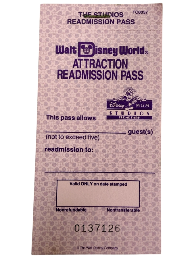 Stack of Vintage Walt Disney World Disney-MGM Studios Attraction Readmission Pass Tickets Issued For Up To Five Guests To One Experience 0137126-0137150