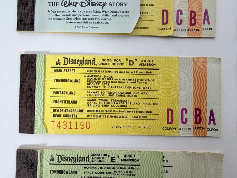 Vintage 1970s Disneyland Ticket Books And Individual Magic Key Coupons Featuring A, B, C, D, And E Admission For Various Park Attractions [Photo 4]