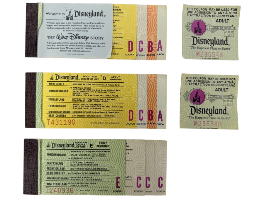 Vintage 1970s Disneyland Ticket Books And Individual Magic Key Coupons Featuring A, B, C, D, And E Admission For Various Park Attractions