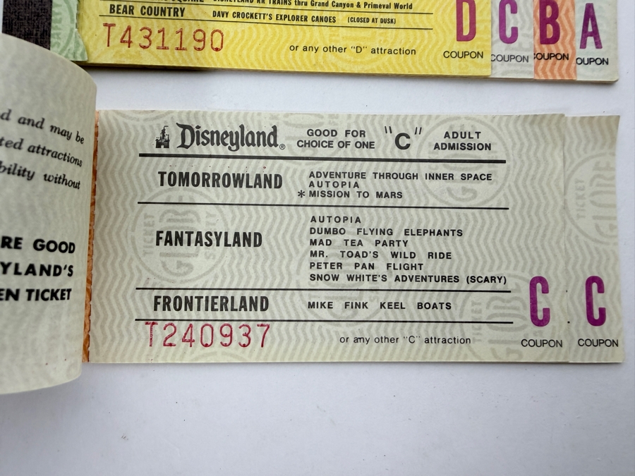 Vintage 1970s Disneyland Ticket Books And Individual Magic Key Coupons Featuring A, B, C, D, And E Admission For Various Park Attractions [Photo 6]