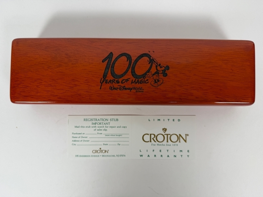 Vintage Croton Walt Disney World 100 Years Of Magic Commemorative Watch With Brown Leather Strap In Original Wood Presentation Box [Photo 2]