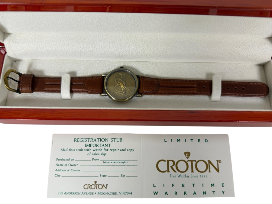 Vintage Croton Walt Disney World 100 Years Of Magic Commemorative Watch With Brown Leather Strap In Original Wood Presentation Box