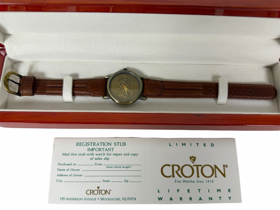 Vintage Croton Walt Disney World 100 Years Of Magic Commemorative Watch With Brown Leather Strap In Original Wood Presentation Box [Photo 6]