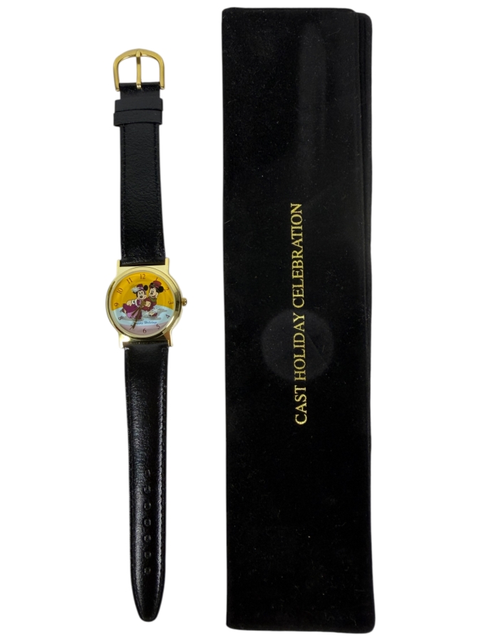 Vintage 1998 Disney Cast Member Exclusive Holiday Celebration Mickey And Minnie Mouse Ice Skating Watch With Black Leather Strap In Velvet Pouch 