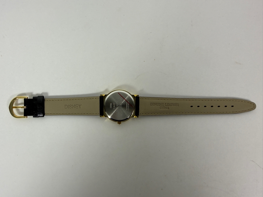 Vintage 1998 Disney Cast Member Exclusive Holiday Celebration Mickey And Minnie Mouse Ice Skating Watch With Black Leather Strap In Velvet Pouch  [Photo 3]