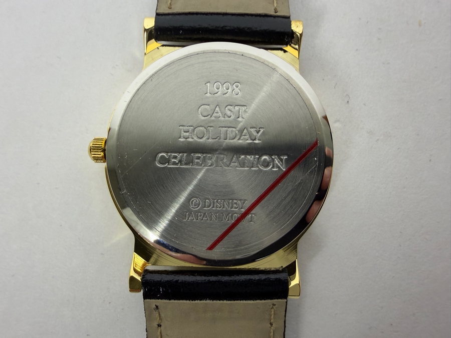 Vintage 1998 Disney Cast Member Exclusive Holiday Celebration Mickey And Minnie Mouse Ice Skating Watch With Black Leather Strap In Velvet Pouch  [Photo 4]