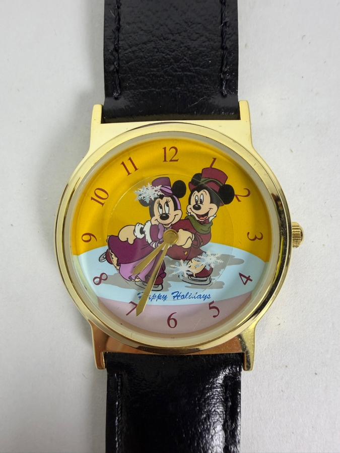 Vintage 1998 Disney Cast Member Exclusive Holiday Celebration Mickey And Minnie Mouse Ice Skating Watch With Black Leather Strap In Velvet Pouch  [Photo 2]