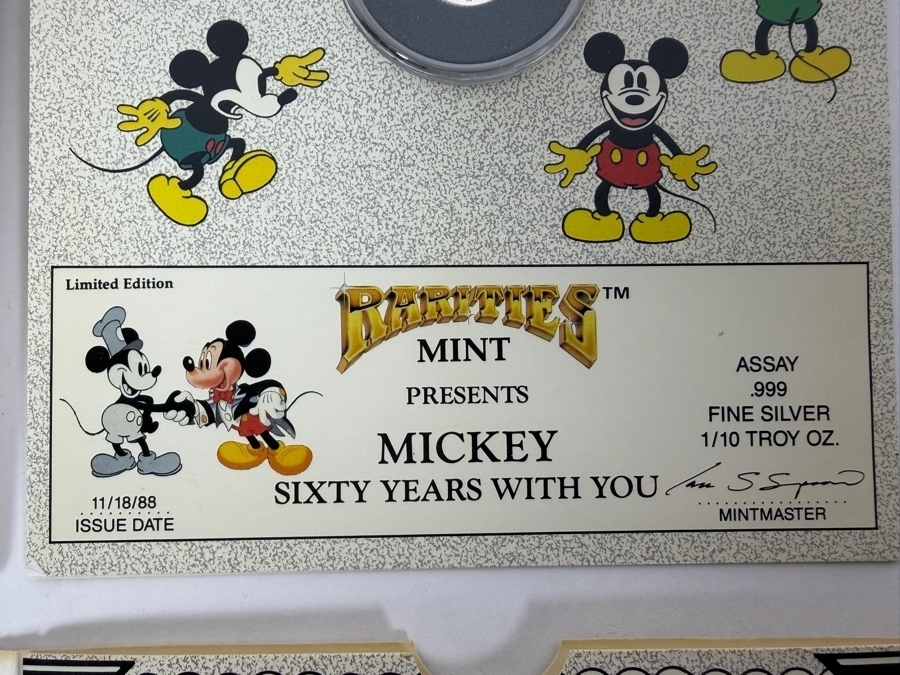 Vintage Rarities Mint Mickey Mouse Sixty Years With You 1/10 Troy Ounce .999 Fine Silver Commemorative Coin In Original Steamboat Willie Display Folder [Photo 4]