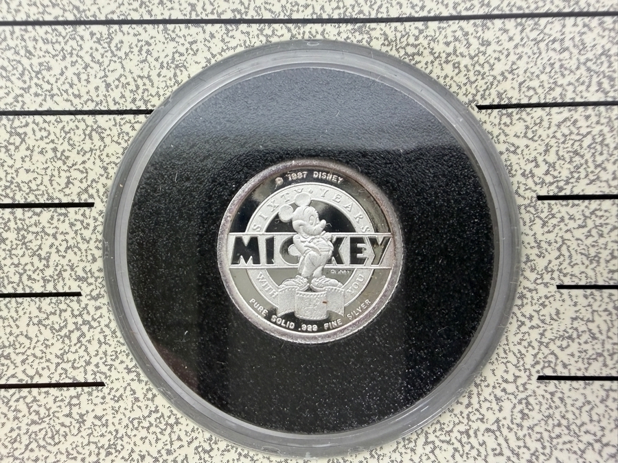 Vintage Rarities Mint Mickey Mouse Sixty Years With You 1/10 Troy Ounce .999 Fine Silver Commemorative Coin In Original Steamboat Willie Display Folder [Photo 6]