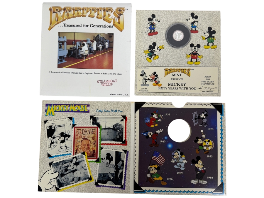 Vintage Rarities Mint Mickey Mouse Sixty Years With You 1/10 Troy Ounce .999 Fine Silver Commemorative Coin In Original Steamboat Willie Display Folder