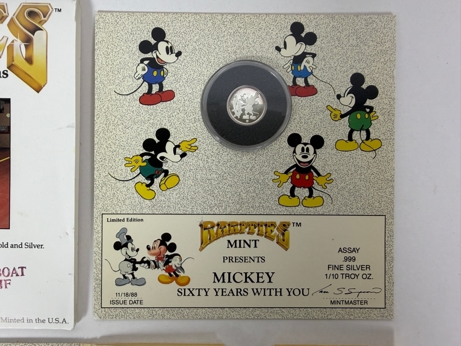 Vintage Rarities Mint Mickey Mouse Sixty Years With You 1/10 Troy Ounce .999 Fine Silver Commemorative Coin In Original Steamboat Willie Display Folder [Photo 2]