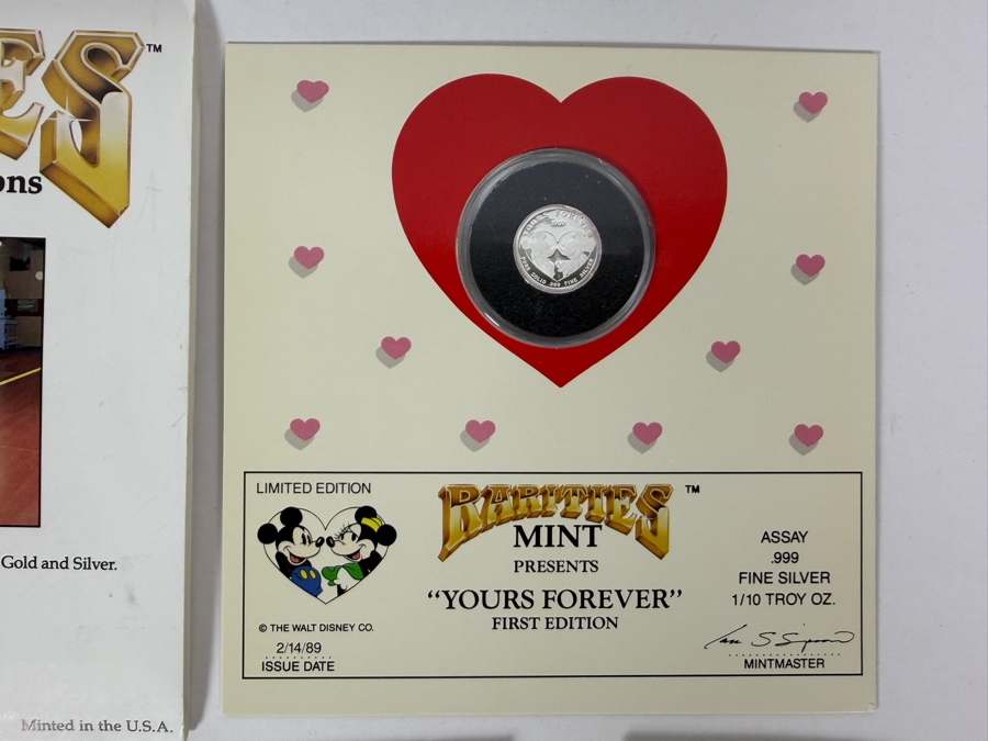 Vintage Rarities Mint Mickey And Minnie Mouse Yours Forever 1/10 Troy Ounce .999 Fine Silver First Edition Coin In Original Valentine Folder [Photo 2]