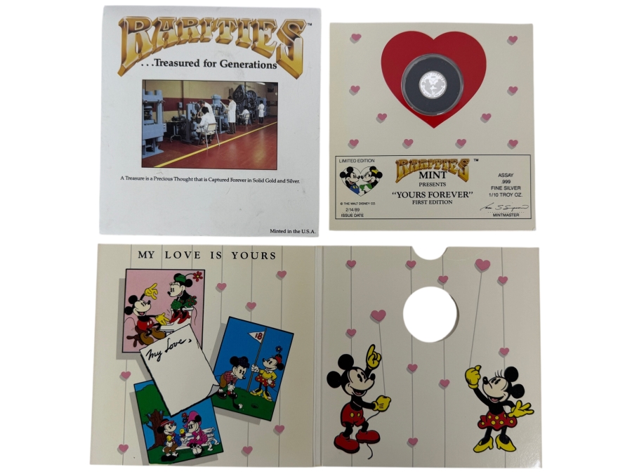 Vintage Rarities Mint Mickey And Minnie Mouse Yours Forever 1/10 Troy Ounce .999 Fine Silver First Edition Coin In Original Valentine Folder