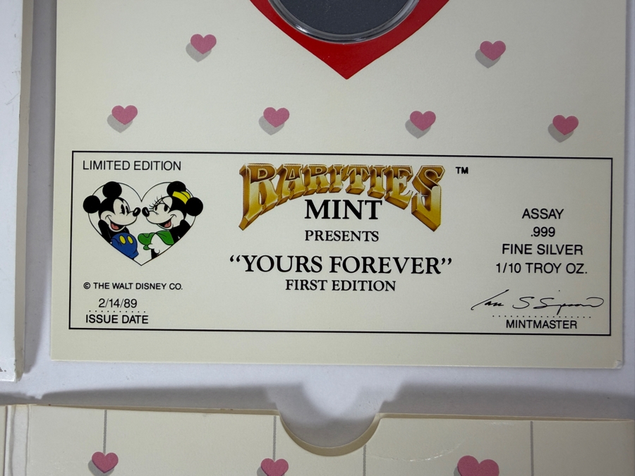 Vintage Rarities Mint Mickey And Minnie Mouse Yours Forever 1/10 Troy Ounce .999 Fine Silver First Edition Coin In Original Valentine Folder [Photo 3]