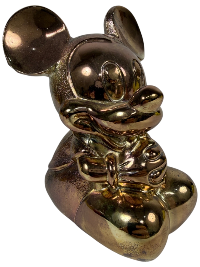 Vintage Reed & Barton Silver-Plated Mickey Mouse Sitting Figurine Bank Featuring Tarnish-Protected High-Polish Finish 5'H