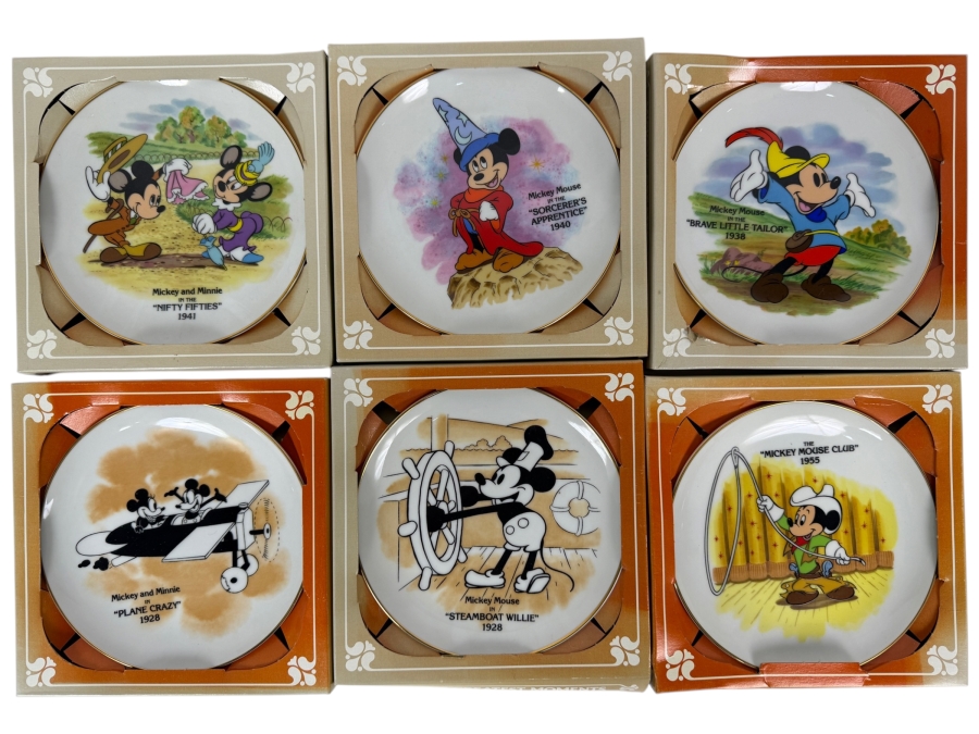 (6) Vintage Walt Disney Productions Mickey's Greatest Moments Miniature Porcelain Collector Plate Set In Original Boxes 6'W